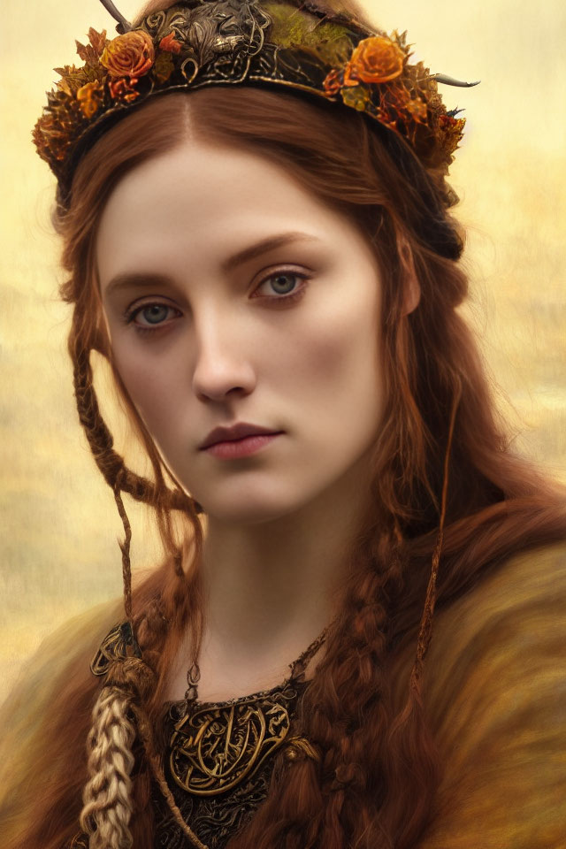 Woman with braided hair, floral crown, medieval dress, and pendant gazes intensely