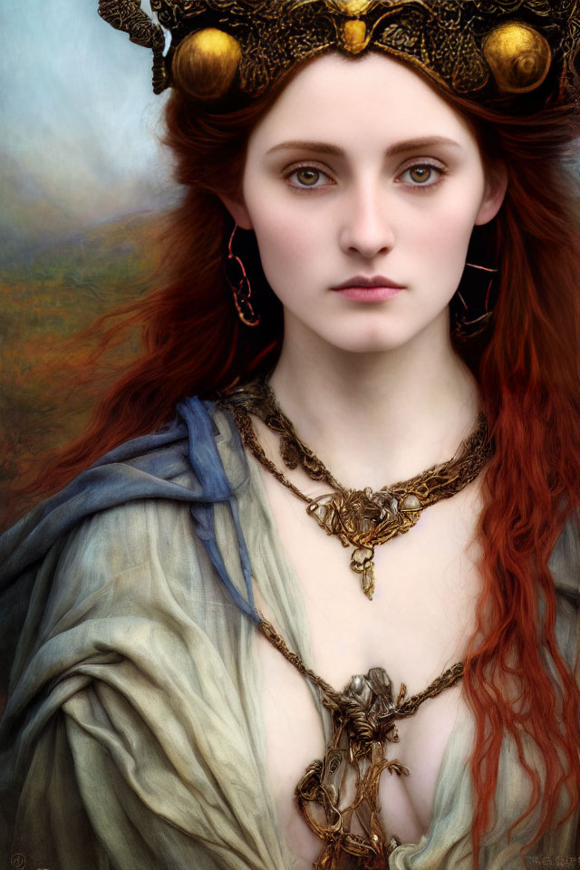 Regal woman with red hair and golden crown in ornate jewelry and blue garment.