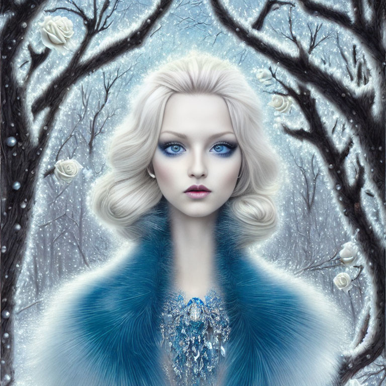 Illustration of woman with pale skin, blue eyes, and blond hair in frosty forest with white