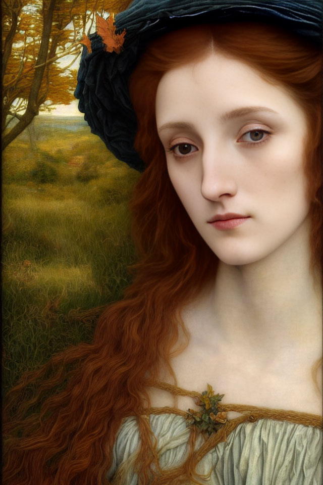 Red-haired woman in blue hat amidst autumn landscape