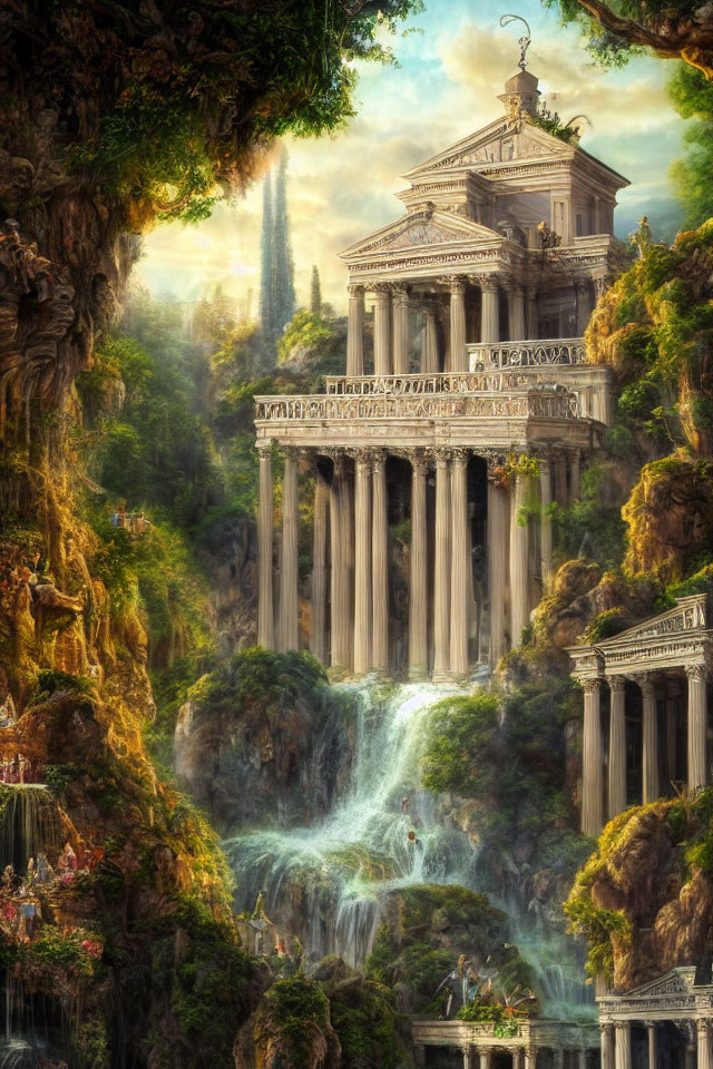 Ancient Greco-Roman-style temples on waterfall-filled, lush landscape