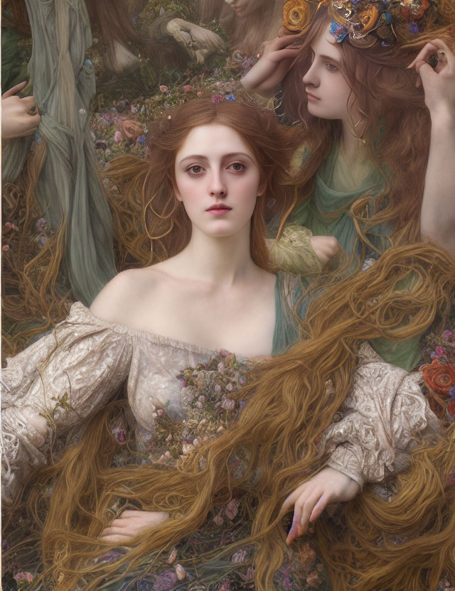 Pre-Raphaelite inspired image of two ethereal women with flowing hair and floral adornments.