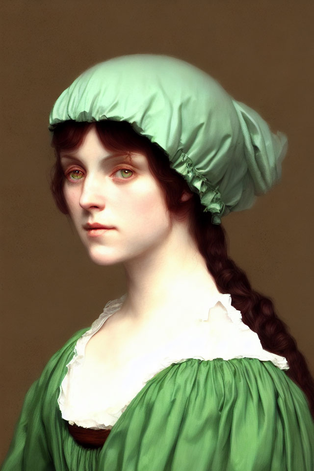 Pale-skinned woman in green bonnet and dress with white lace collar, brown hair in braid
