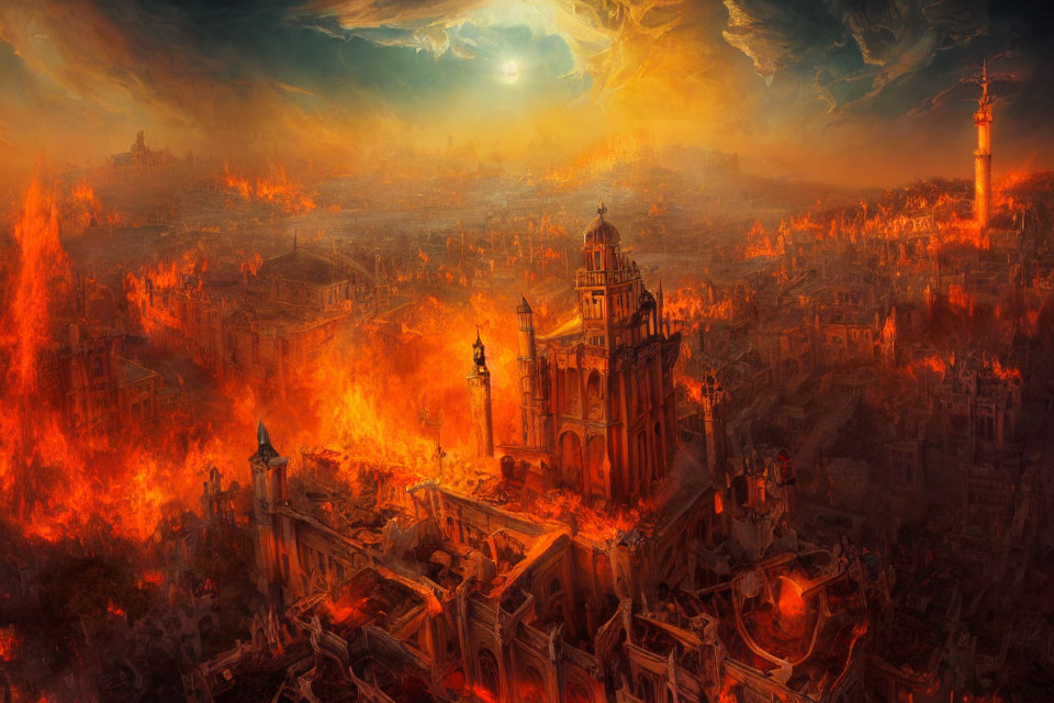 City in Flames with Cathedral Amidst Chaos