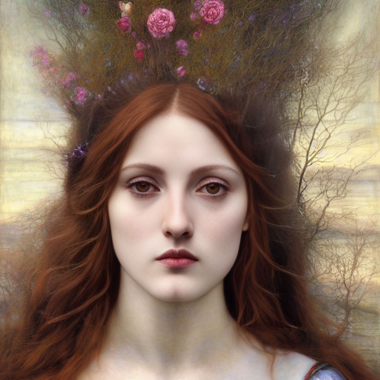 Red-haired woman with flower crown in ethereal landscape