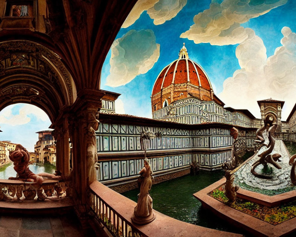Warped Perspective of Florence Cathedral with Detailed Sculptures and Ornamented Corridor