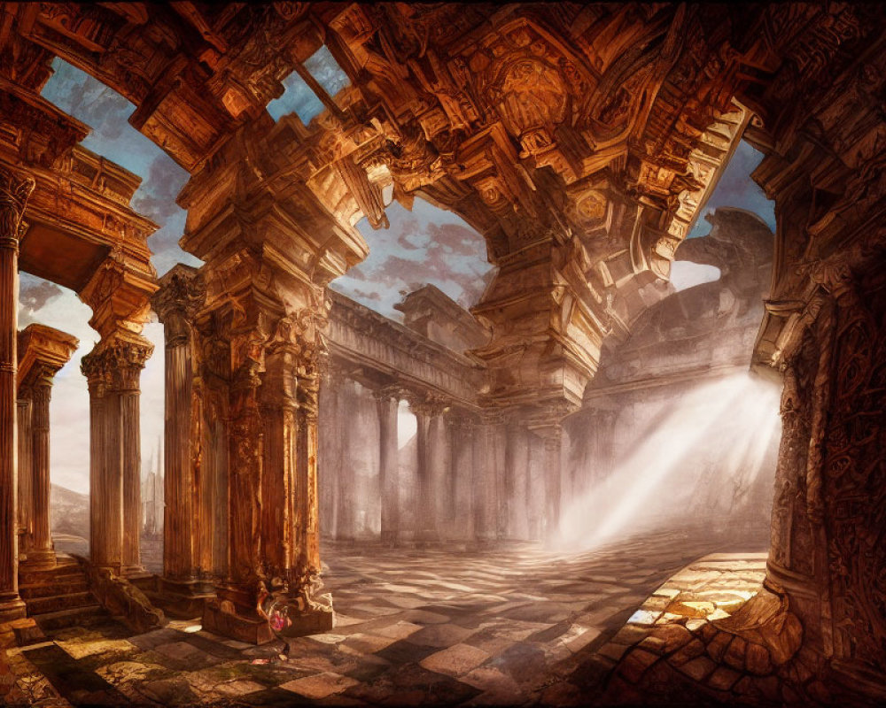 Fantasy Temple Interior with Sunbeams and Ornate Architecture