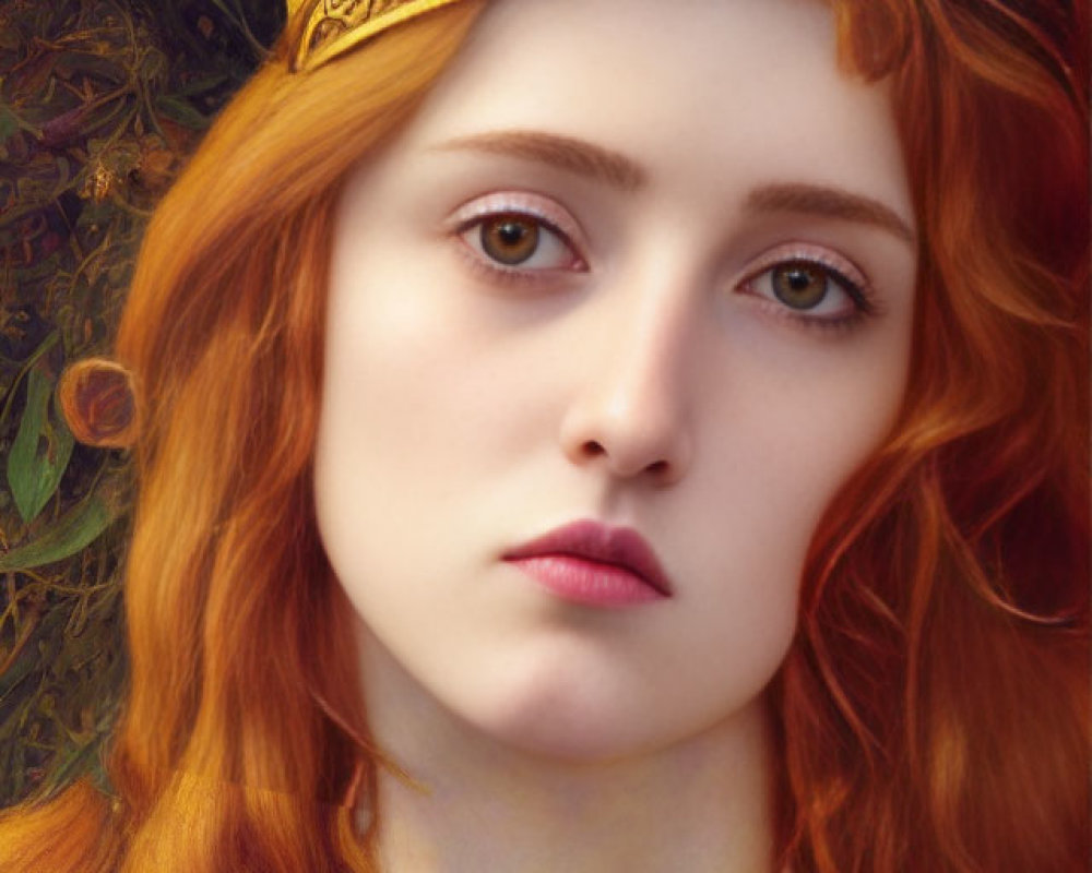 Portrait of Woman with Long Red Hair and Golden Crown in Intense Gaze, Surrounded by Floral