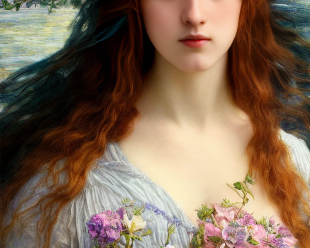 Red-haired woman with floral wreath in nature-inspired painting