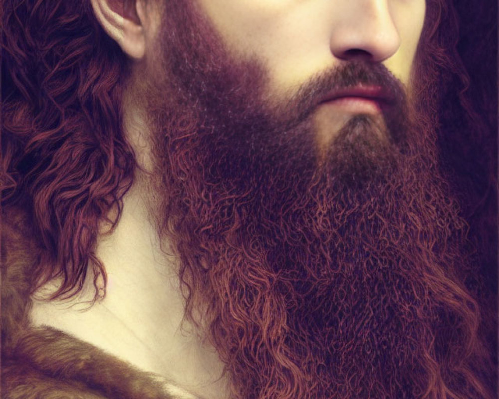 Bearded man with intense gaze, fur garment, and headband portrait.