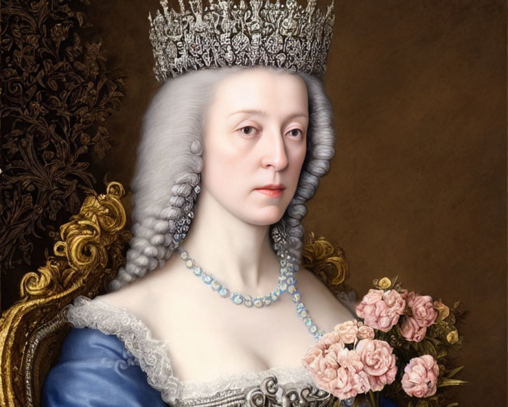 Regal woman portrait with crown in blue dress and pink roses against floral backdrop