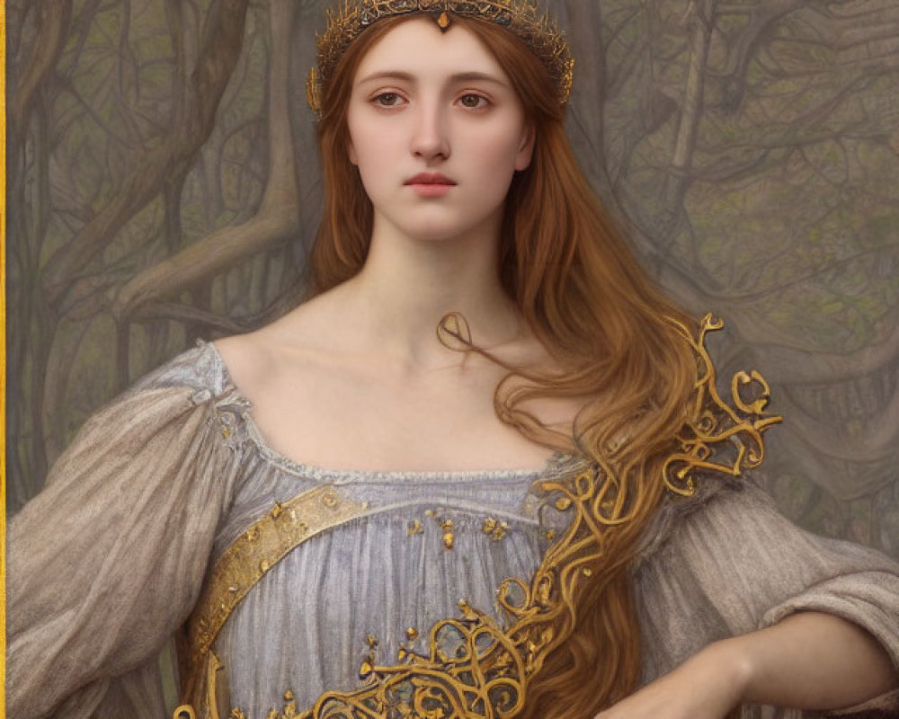 Regal woman with golden crown in misty forest wearing gray gown