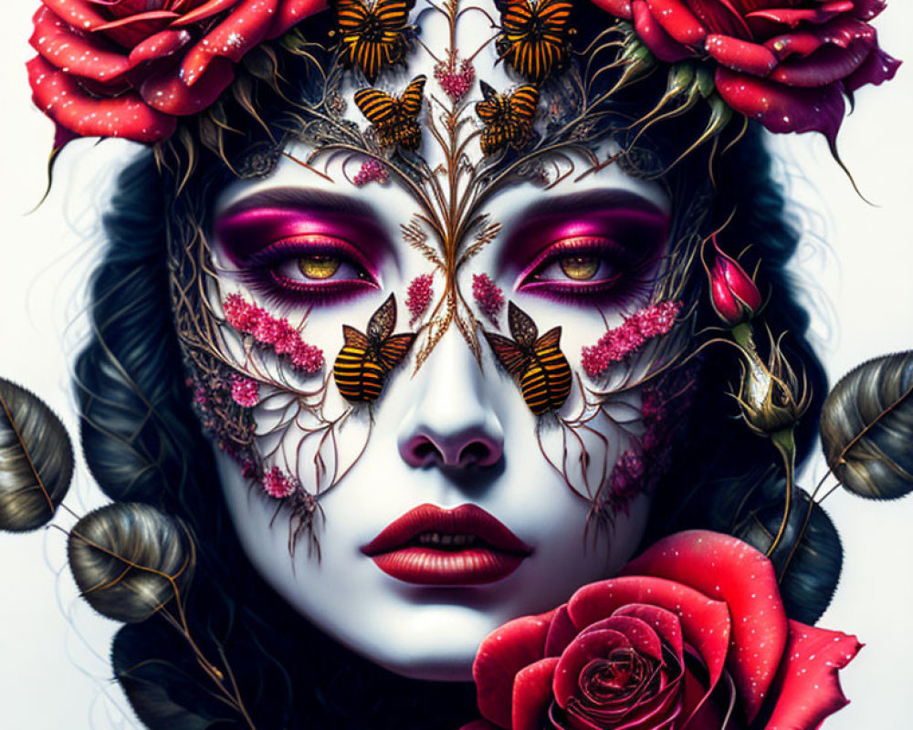 Woman with Floral and Butterfly Makeup, Red Roses, and Intense Eyes