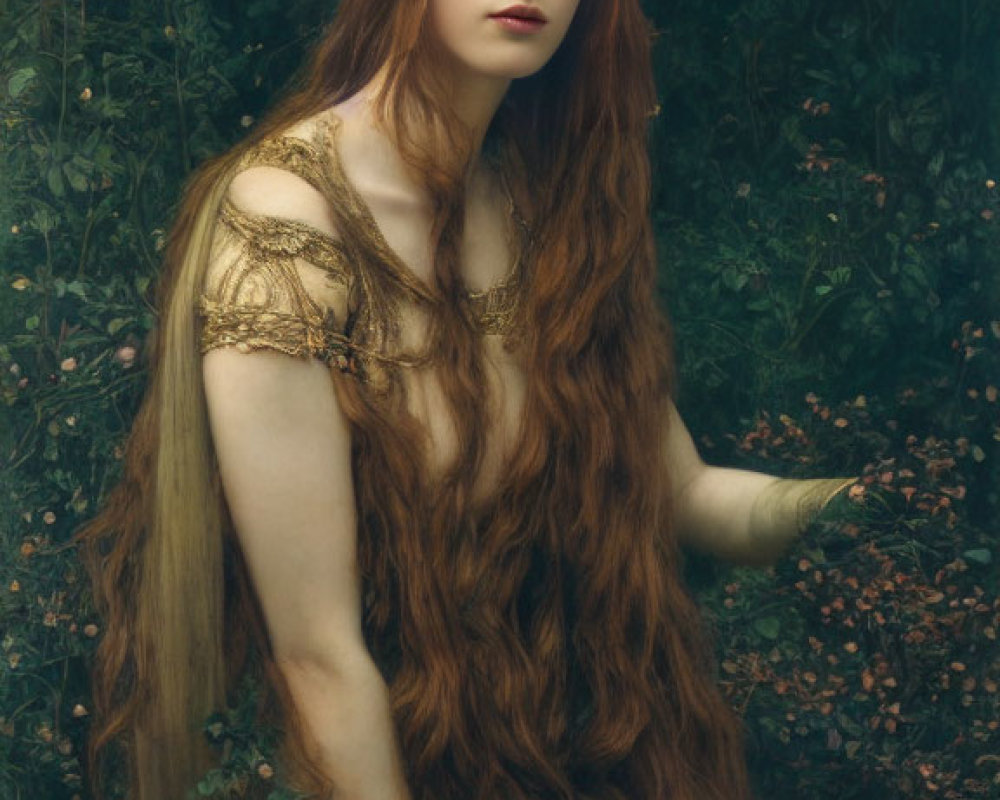 Auburn-Haired Woman with Golden Headpiece in Lush Floral Setting