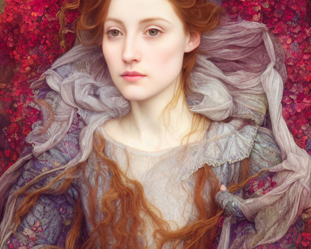 Red-haired woman in gossamer gown surrounded by pink flowers.