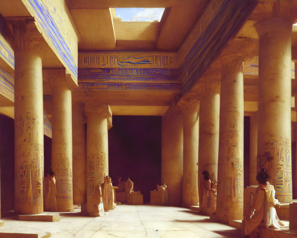 Ancient Egyptian temple with hieroglyph-covered columns and statues