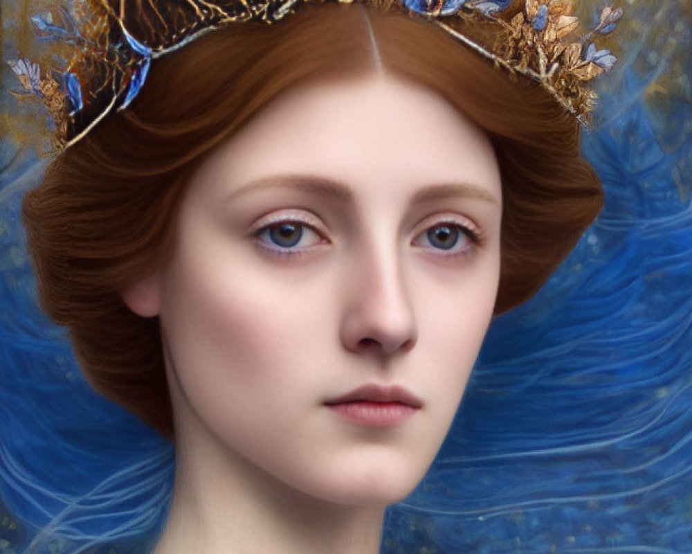 Woman portrait with ornate floral crown and blue background