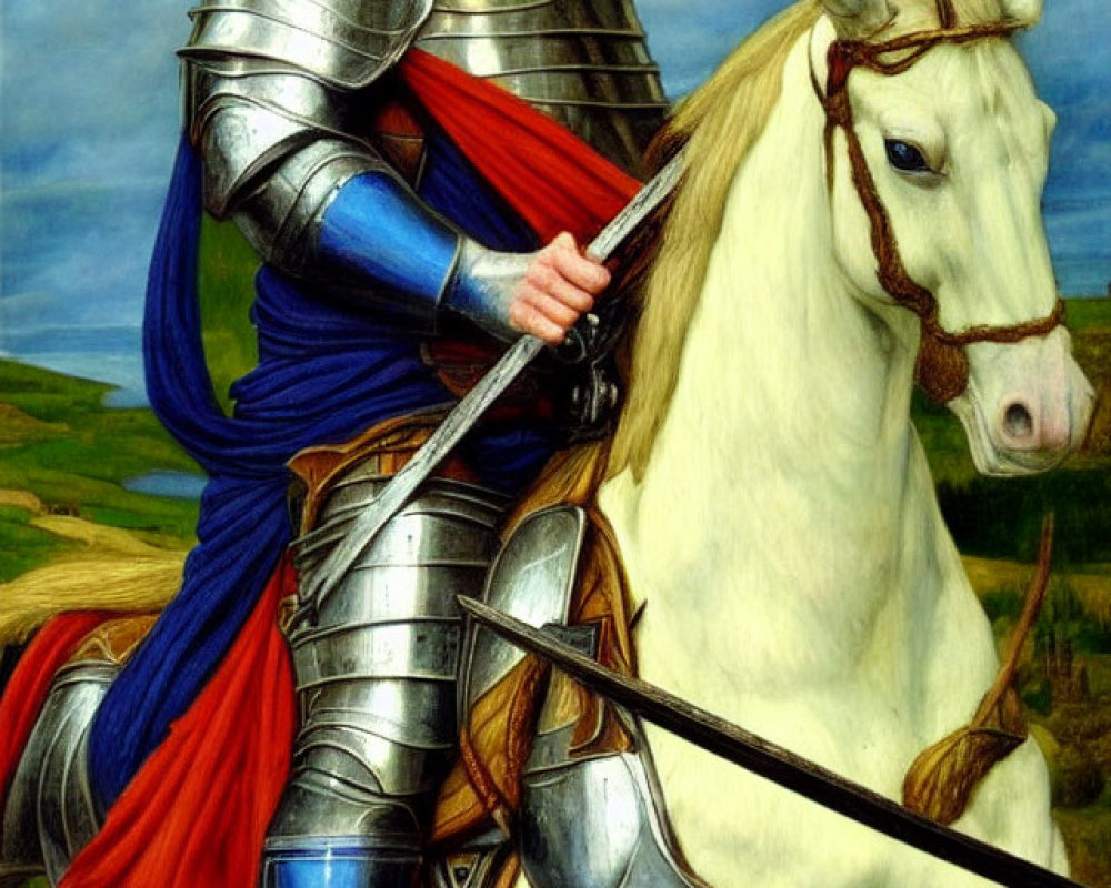 Knight in shining armor on white horse with red cape and lance against landscape.
