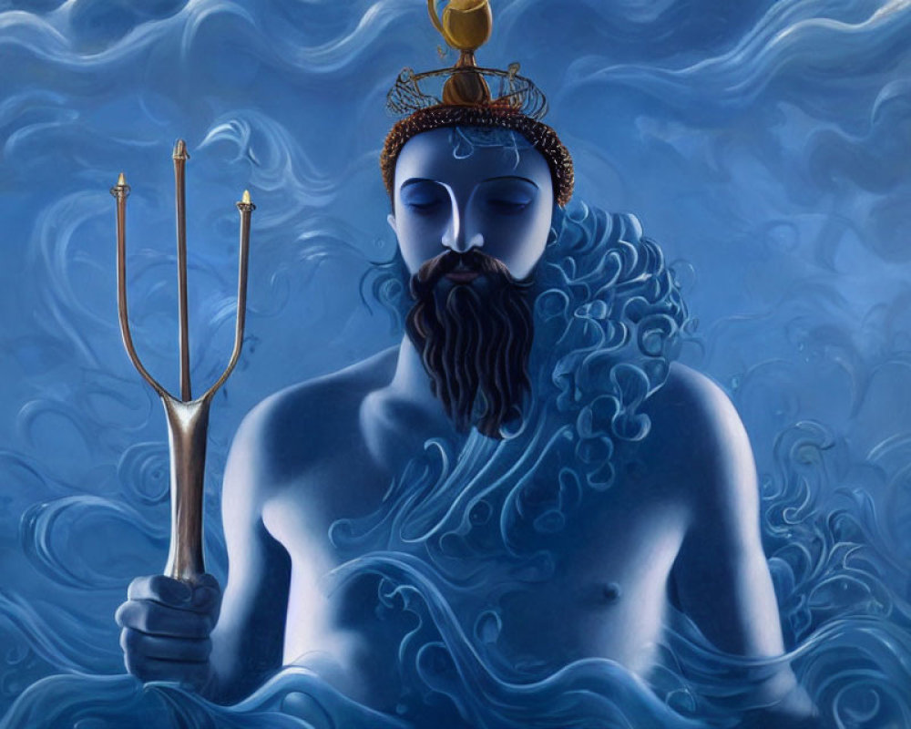 Blue-skinned figure with trident and crown in serene water-themed artwork