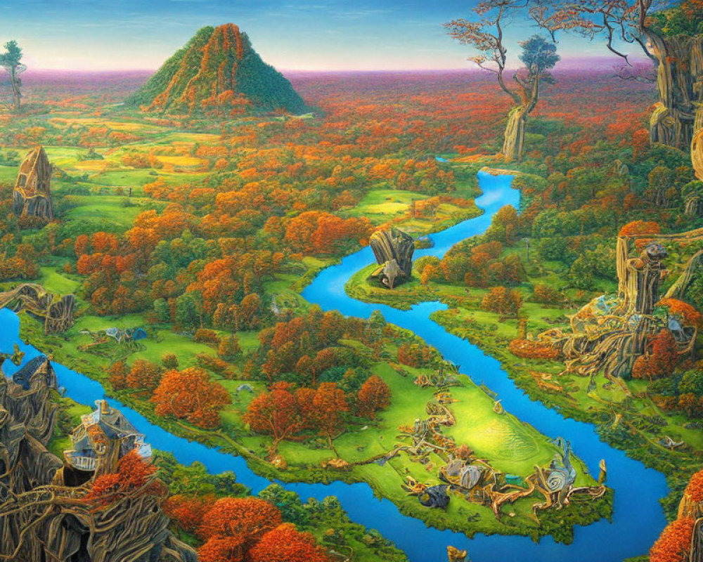 Colorful fantasy landscape with river, autumn trees, cliffs, and whimsical structures