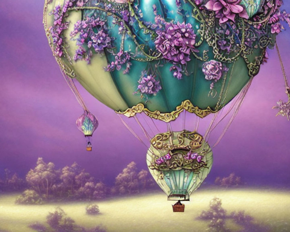 Fantasy hot air balloon with purple flowers and gold filigree above misty lavender forest