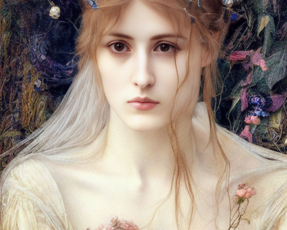 Ethereal woman with floral crown in intricate painting