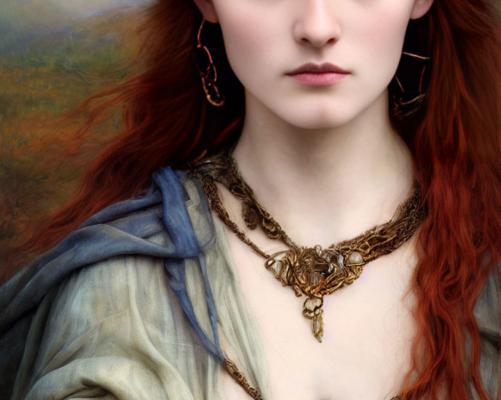Regal woman with red hair and golden crown in ornate jewelry and blue garment.