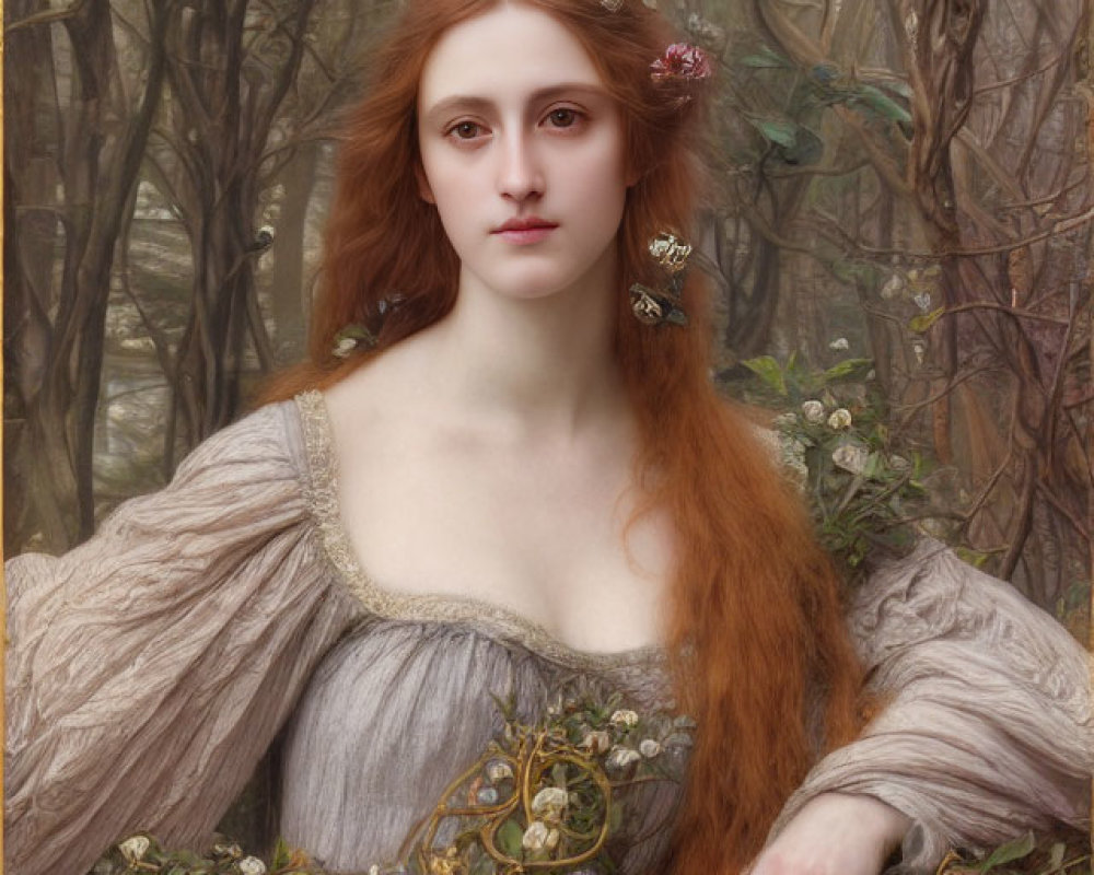 Woman with Long Red Hair and Flowers in Mystical Forest Setting