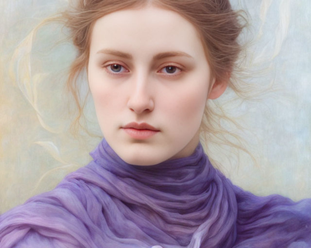 Serene young woman portrait with flowing hair and purple scarf