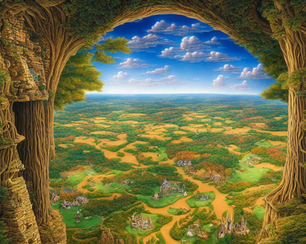 Fantasy landscape with natural archway, lush greenery, golden fields, and distant castles