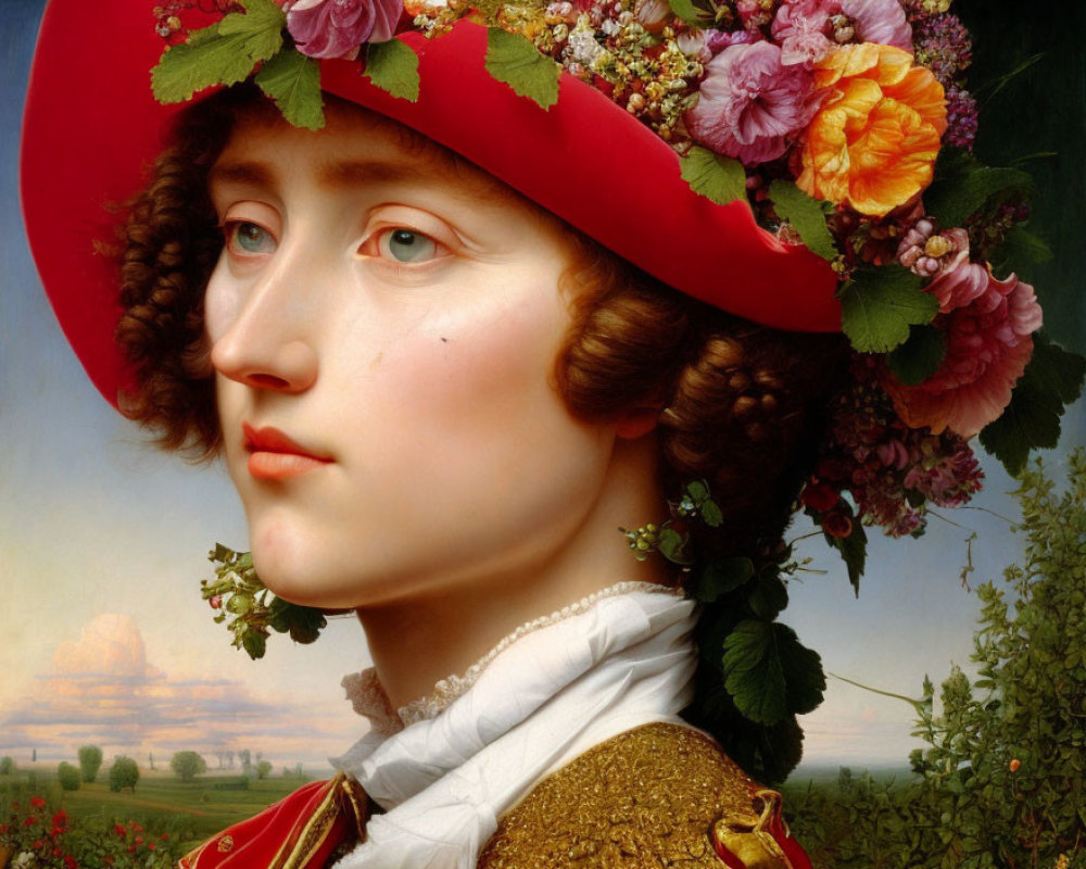 Classical portrait of a woman in red wide-brimmed hat with flowers and gold details.
