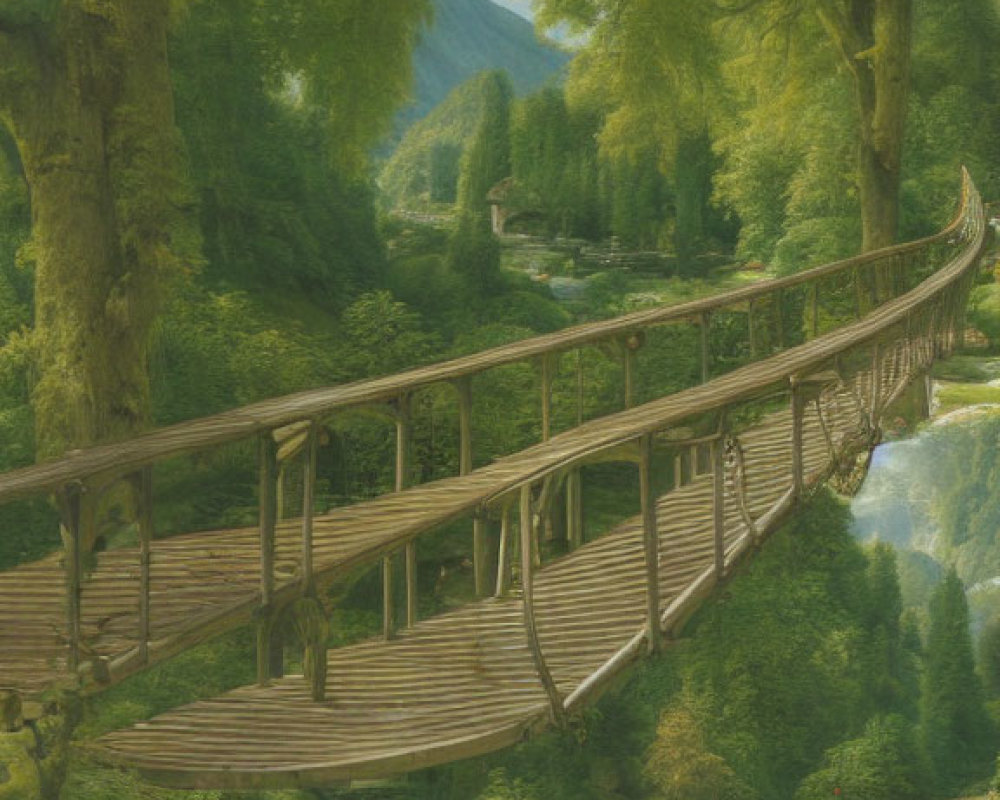 Tranquil wooden bridge over stream in lush forest