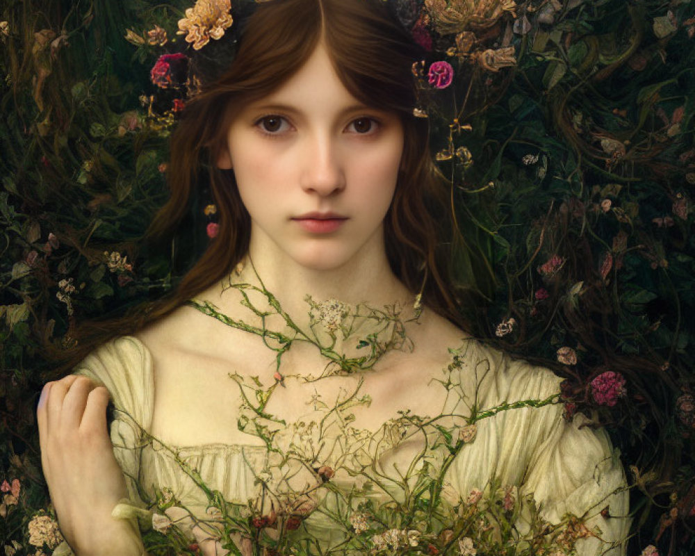 Woman with floral wreath in lush greenery and vibrant flowers