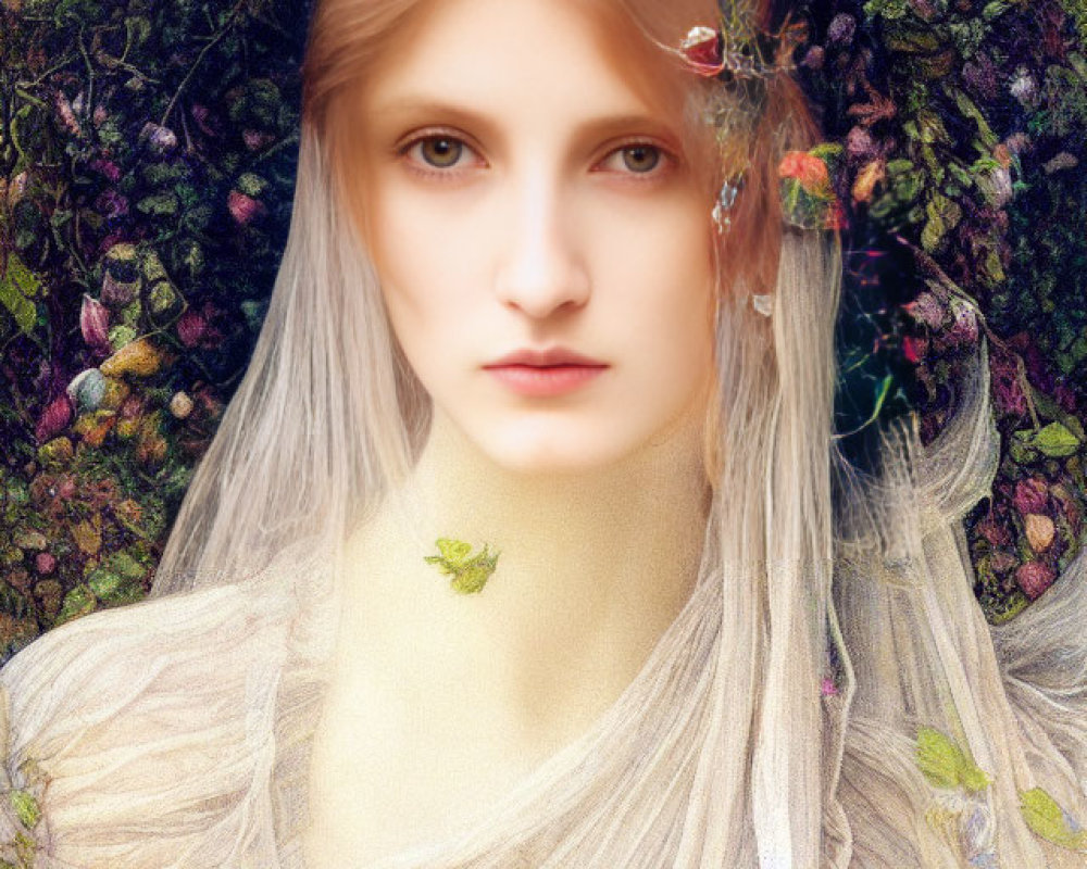 Fair-skinned woman with strawberry-blond hair in lush greenery and flowers