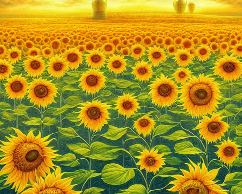 Sunflower Field and Hot Air Balloons in Golden Sky