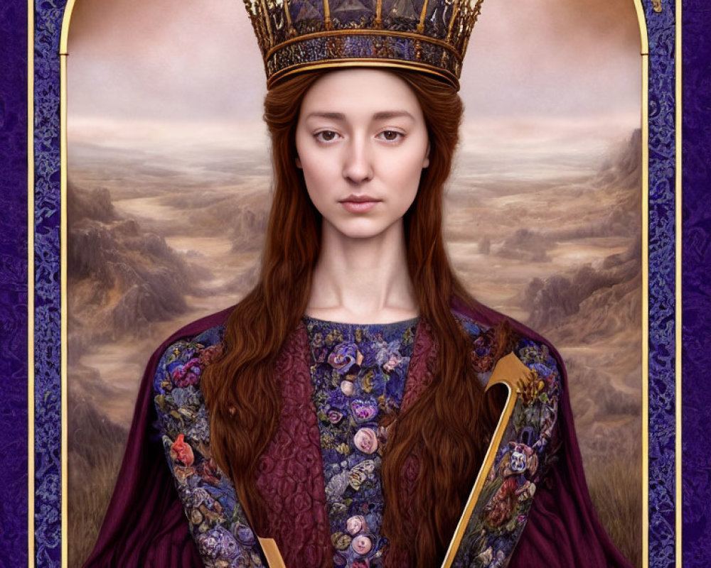 Young woman in regal purple gown with golden crown and scepter against gothic arch backdrop