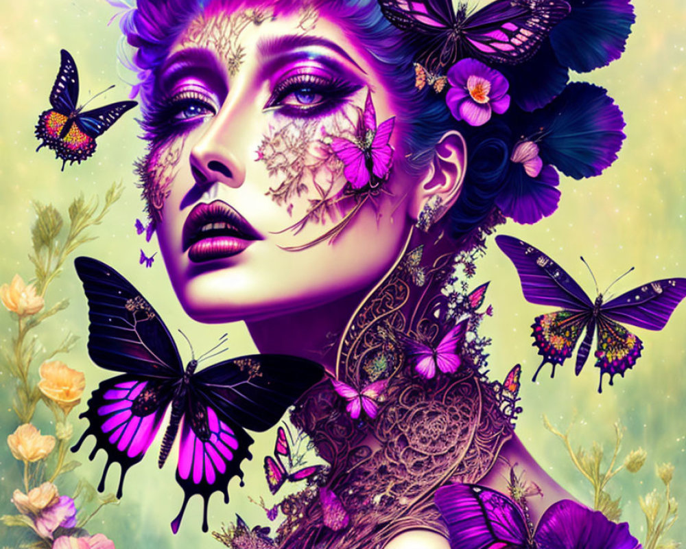 Fantasy Artwork of Woman with Floral and Butterfly Motifs