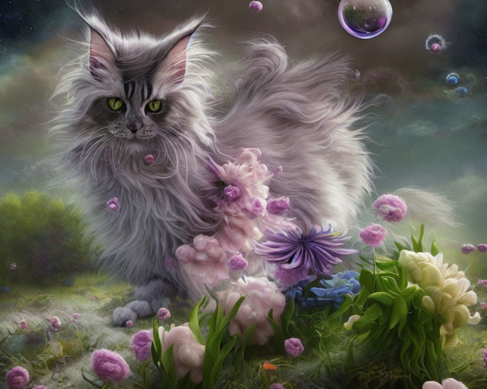 Long-Haired Cat Surrounded by Colorful Flowers and Bubbles