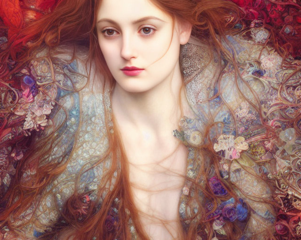 Ethereal woman with flowing red hair in decorative floral garment among vibrant textures