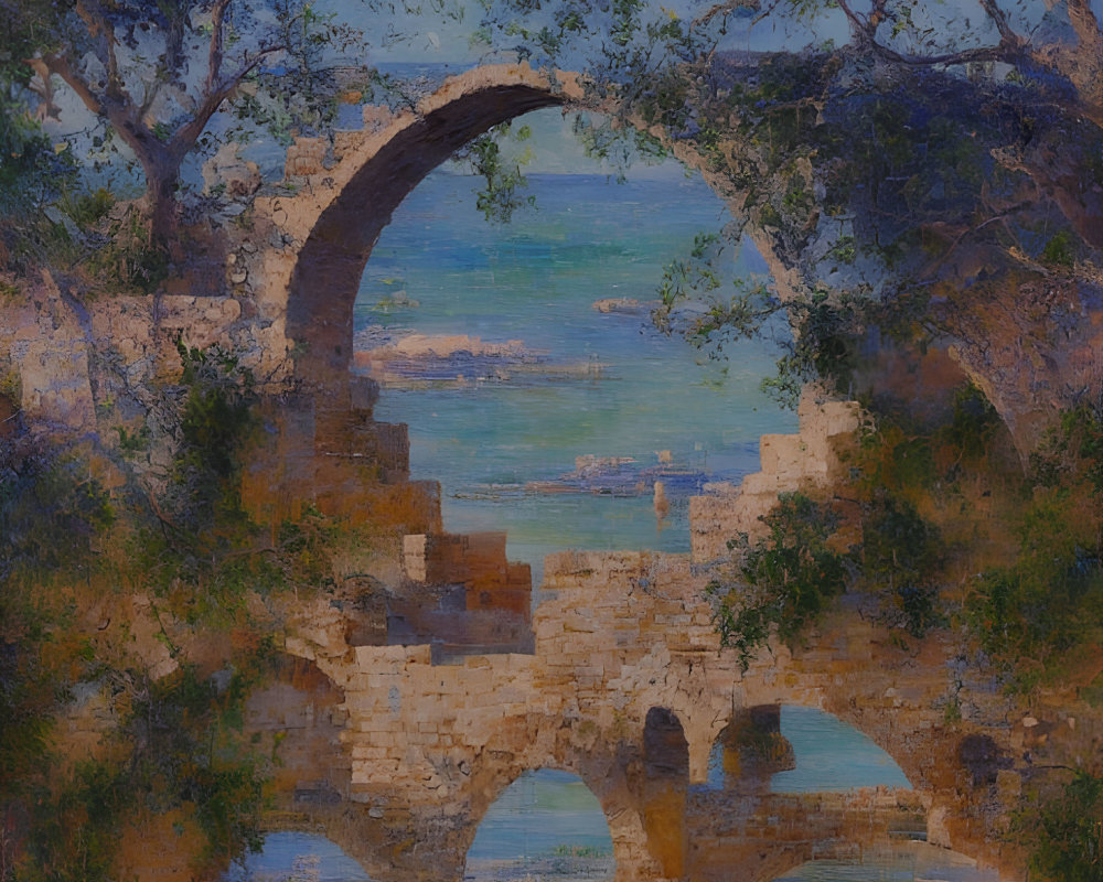 Stone bridge with multiple arches over tranquil river, surrounded by trees under hazy sky