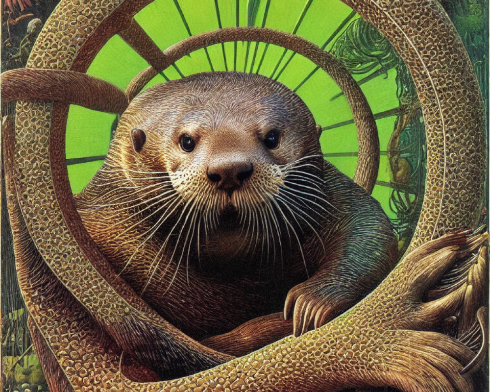 Detailed Otter Illustration in Circular Frame with Foliage and Snake