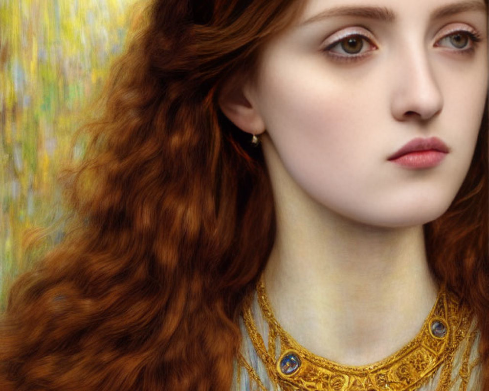 Portrait of young woman with auburn hair, golden crown, and blue necklace