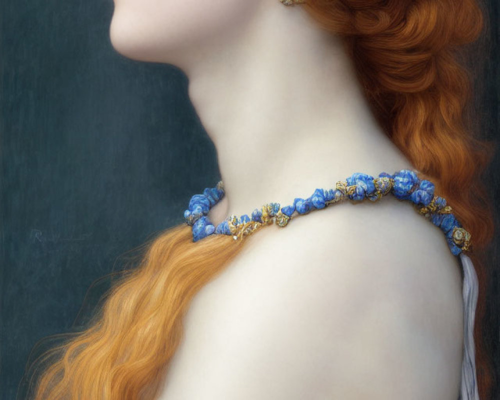Profile view portrait of woman with red hair and blue-gold headpiece on dark background