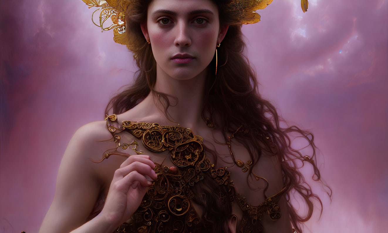 Mystical woman adorned in golden jewelry on dreamy background