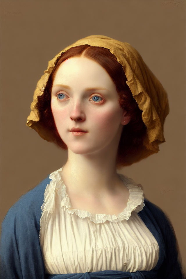 Portrait of Woman with Red Hair and Blue Eyes in Yellow Bonnet and Blue Dress on Beige Background