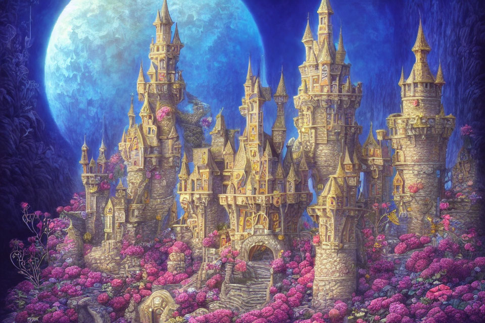 Fantastical castle with intricate towers in mystical moonlit setting