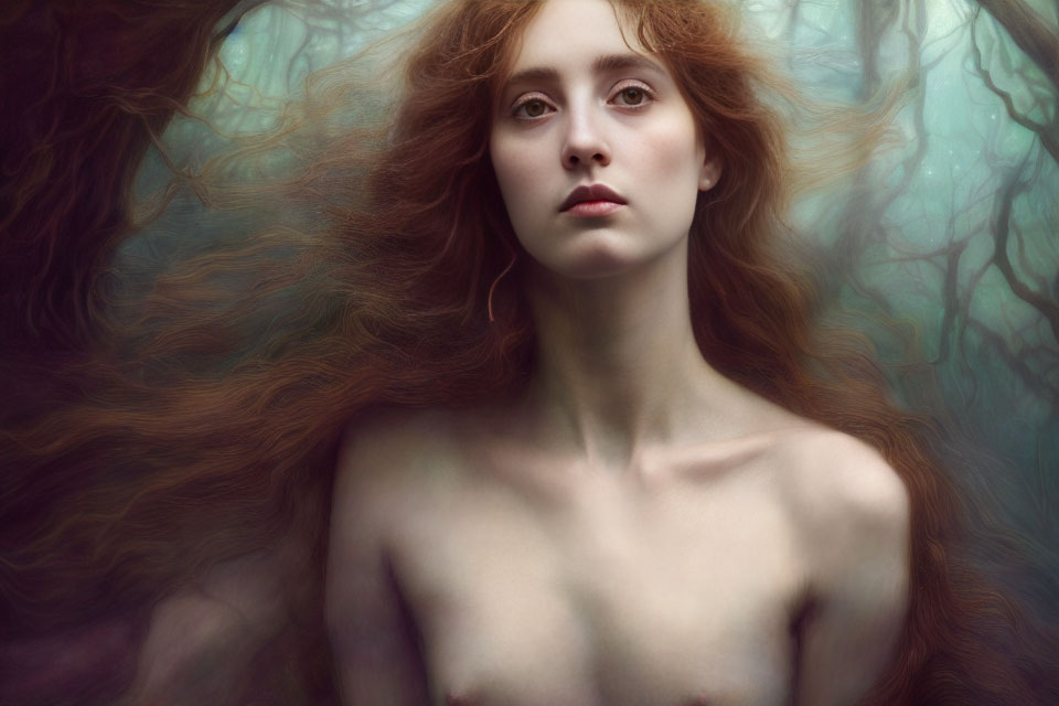 Enigmatic woman portrait with long red hair in mystical forest