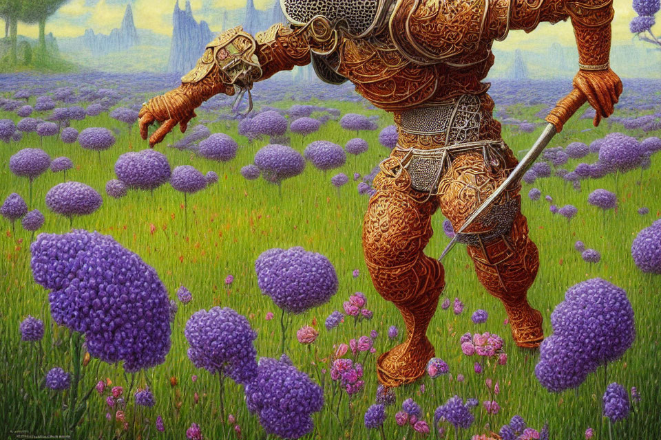 Knight in ornate armor standing in purple-flowered field with spires in background