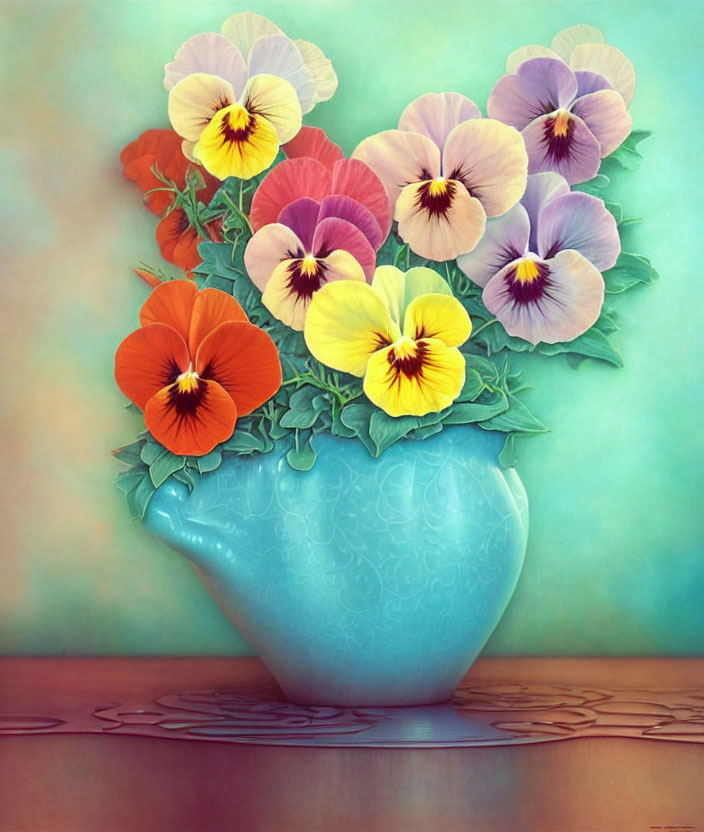 Colorful pansies in teal vase on turquoise background