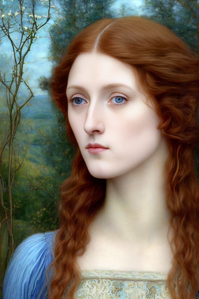 Portrait of Woman with Red Hair in Blue Dress Against Forest Background